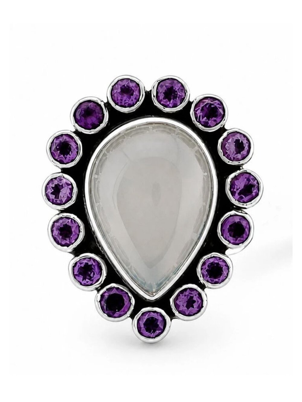 Genuine 3.85 Cts Moonstone & Amethyst Ring Solid .925 Sterling Silver
